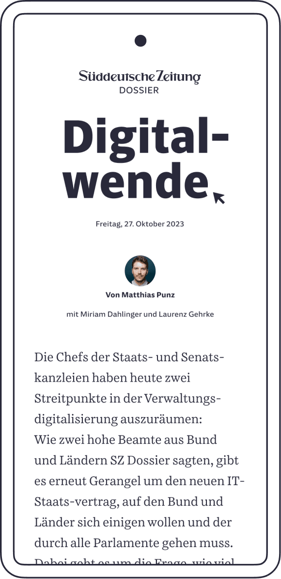 SZ Dossier Digitalwende auf dem Smartphone. Es zeigt Titel, Autoren und einen Einleitungstext.