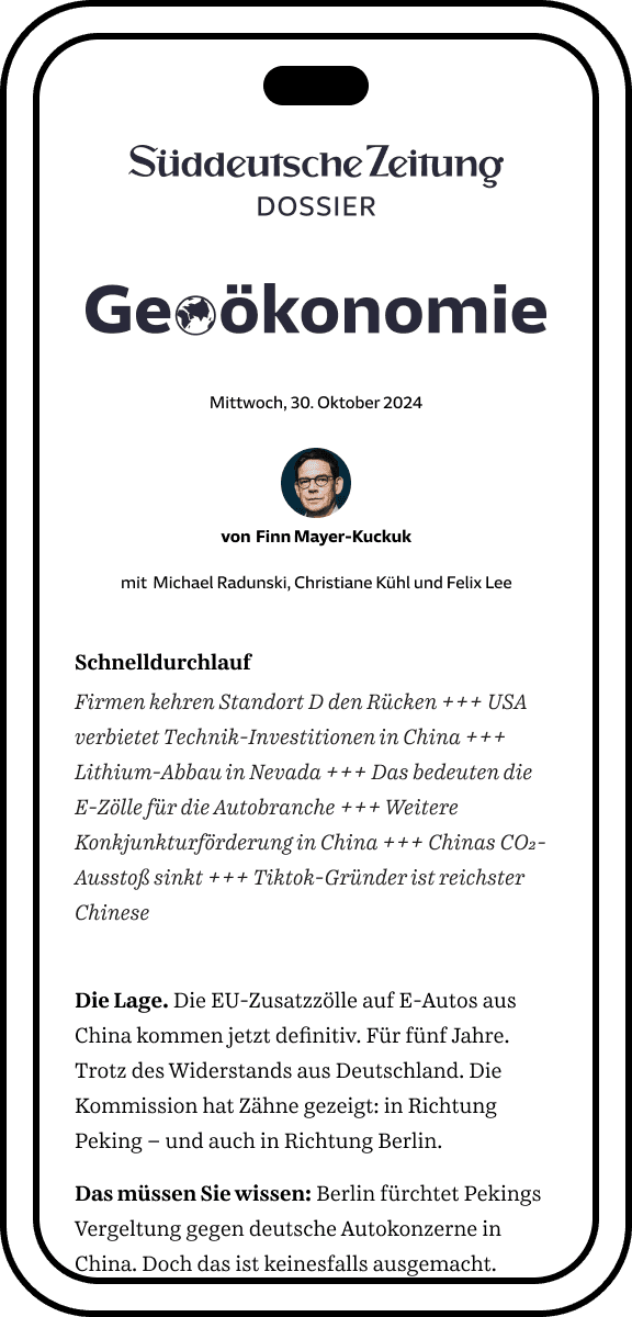 SZ Dossier Geoökonomie auf dem Smartphone. Es zeigt Titel, Autoren und einen Einleitungstext.