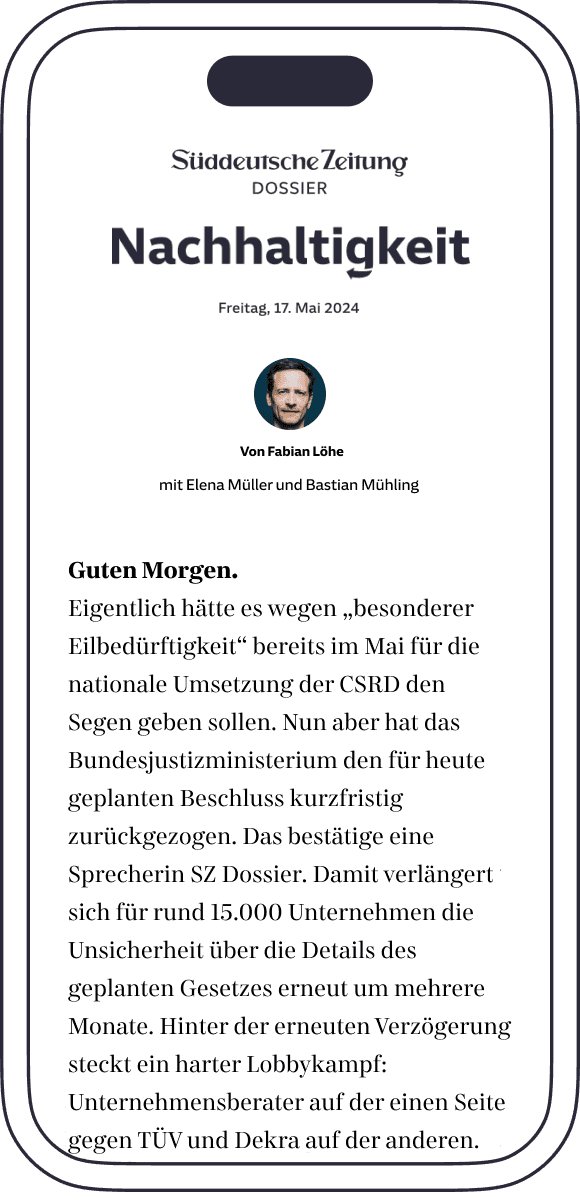 SZ Dossier Nachhaltigkeit auf dem Smartphone. Es zeigt Titel, Autoren und einen Einleitungstext.